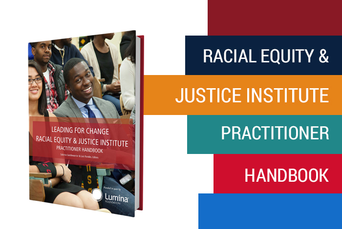 Image of hardcover book with cover reading 'Leading for Change Racial Equity & Justice Institute Practitioner Handbook' and background image of a young Black man in a shirt, tie, and sport jacket sitting in a crowded audience, smiling at the camera.